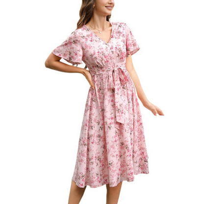 Rochie pentru femei cu imprimeu floral, talie cu șnur și mâneci cu volane