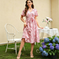 Rochie pentru femei cu imprimeu floral, talie cu șnur și mâneci cu volane