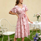 Rochie pentru femei cu imprimeu floral, talie cu șnur și mâneci cu volane
