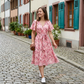 Rochie pentru femei cu imprimeu floral, talie cu șnur și mâneci cu volane