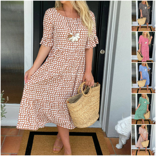 💥Rochie midi cu guler rotund și imprimeu cu buline