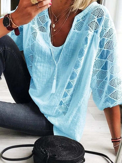 👚🌸 Bluză pentru femei cu guler în U și croșetat – Șnur cu ciucuri și mâneci scurte – Chic casual de vară 🌿