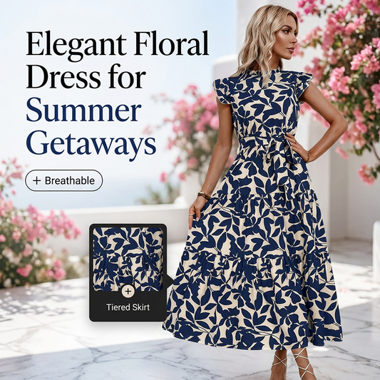 Rochie midi florală pentru femei, cu mâneci volanate și talie legată, pentru vară 🌸