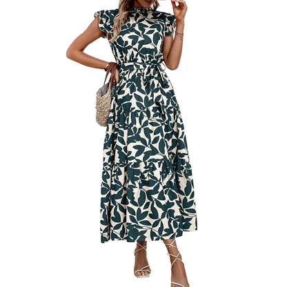 Rochie midi florală pentru femei, cu mâneci volanate și talie legată, pentru vară 🌸
