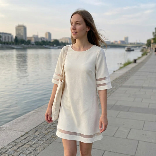 Rochie elegantă în linie A, cu inserții din plasă