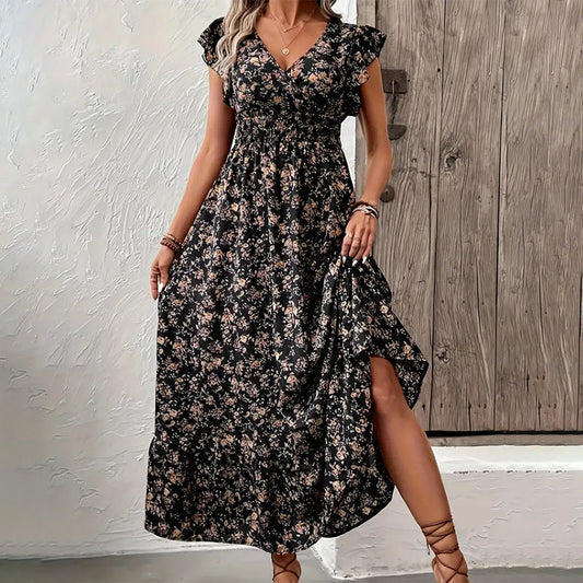 Rochie maxi cu decolteu în V și imprimeu floral