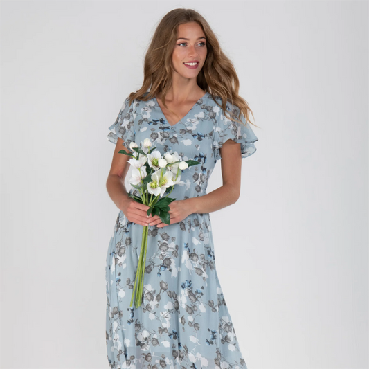 Rochie lungă cu mânecă scurtă și imprimeu floral