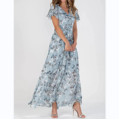 Rochie lungă cu mânecă scurtă și imprimeu floral