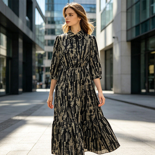 Rochie Maxi Elegantă pentru Femei, cu Imprimeu și Volane