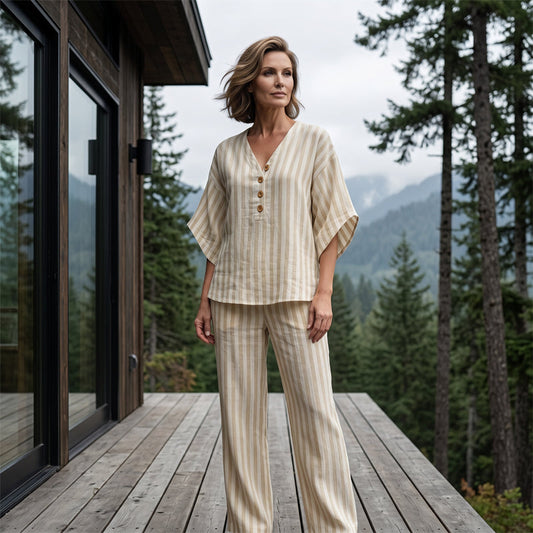 Set de top cu V și pantaloni largi, cu dungi, pentru femei