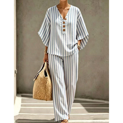 Women's Striped V-Neck Top & Wide-Leg Pants Set