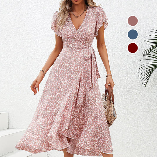 Rochie elegantă de vară pentru femei, cu decolteu în V, talie legată și imprimeu floral fluid