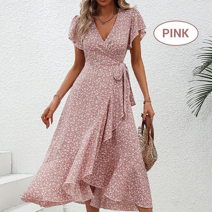 Rochie elegantă de vară pentru femei, cu decolteu în V, talie legată și imprimeu floral fluid