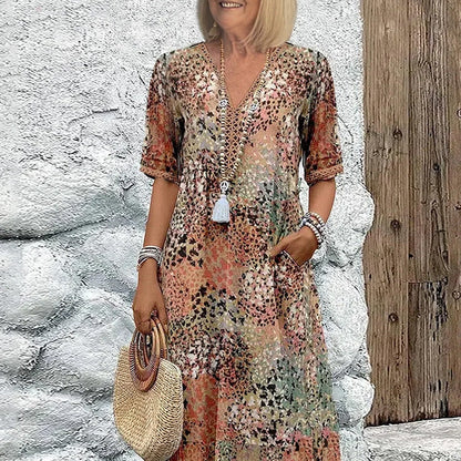Rochie midi cu decolteu în V, imprimeu viu, pentru femei