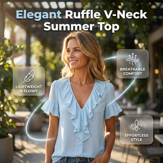 Bluză elegantă pentru femei cu volane, decolteu în V, mânecă scurtă, tricou casual de vară