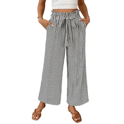 Pantaloni cu talie înaltă, dungi, cu picior larg, pentru femei