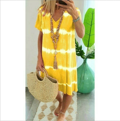 🔥Rochie tip tricou cu mânecă scurtă, lejeră, cu imprimeu tie-dye și dungi