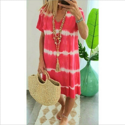 🔥Rochie tip tricou cu mânecă scurtă, lejeră, cu imprimeu tie-dye și dungi