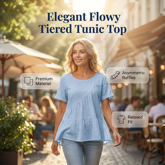 Bluză tip tunică cu mânecă scurtă și volane pentru femei