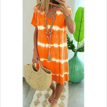 🔥Rochie tip tricou cu mânecă scurtă, lejeră, cu imprimeu tie-dye și dungi