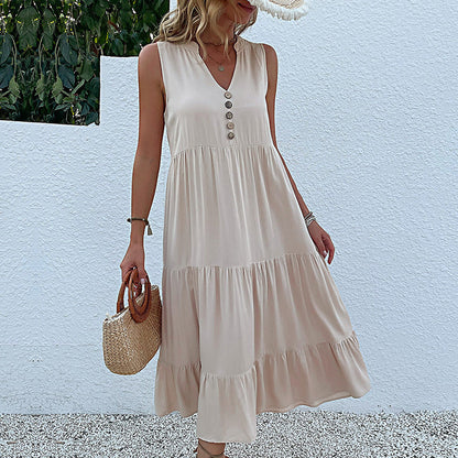 Rochie de damă fără mâneci, lejeră și casual, cu volane