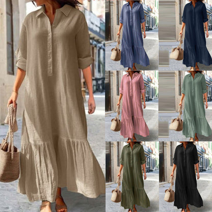 Rochie lungă vintage pentru femei, cu guler răsfrânt