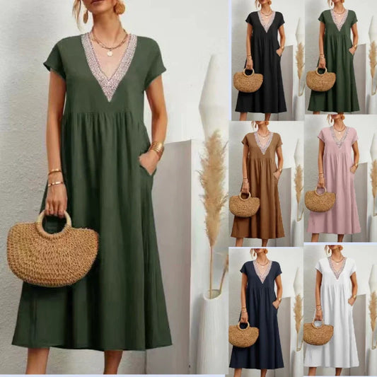 Rochie elegantă pentru femei, cu decolteu în V, mânecă scurtă, croială lejeră