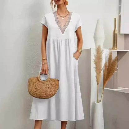 Rochie elegantă pentru femei, cu decolteu în V, mânecă scurtă, croială lejeră