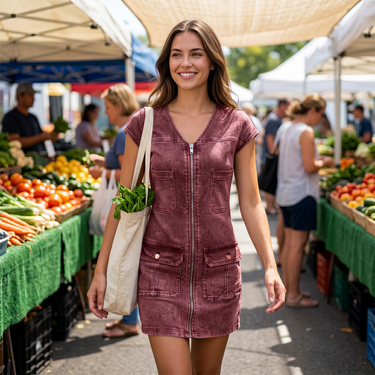 Rochie de damă casual, cu mânecă scurtă și fermoar