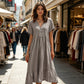 Rochie midi cu decolteu în V, mânecă scurtă și volane pentru femei