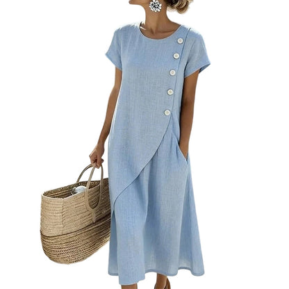 Rochie elegantă de vară pentru femei, cu guler rotund și culoare uni