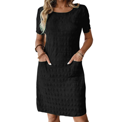 Rochie texturată pentru femei, cu gât rotund, lungime până la genunchi