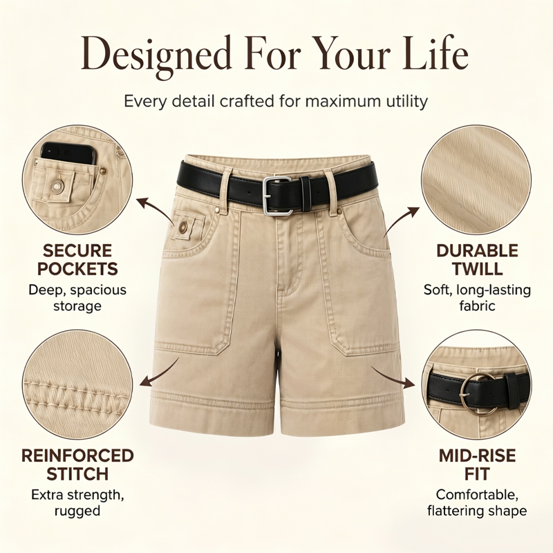 🩳 50% RABATT! ☀️ Damen Mid-Rise Cargo-Shorts – Atmungsaktiver Baumwollmix, viele Taschen & Used-Look – Perfekt für den Sommer & lässige Outfits 🤎