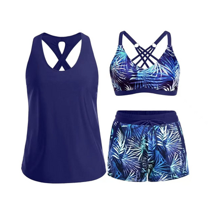 Costum de baie tip tankini pentru femei, set 3 piese cu pantaloni scurți