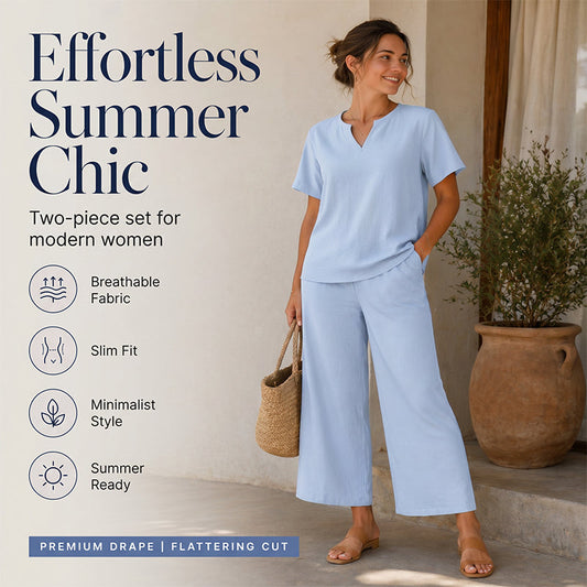 Set de top cu decolteu în V și pantaloni cu talie largă pentru femei