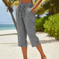 Pantaloni Capri din bumbac și in, cu dungi, pentru femei, cu buzunare