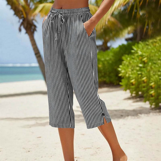Pantaloni Capri din bumbac și in, cu dungi, pentru femei, cu buzunare