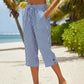 Pantaloni Capri din bumbac și in, cu dungi, pentru femei, cu buzunare