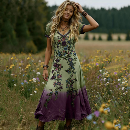 Rochie Maxi Vintage cu Decolteu în V și Flori pentru Femei