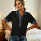 Women Denim Collar V-Neck Short Sleeve Shirt