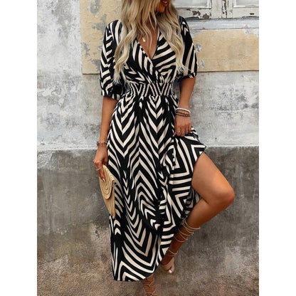Chevron Print V-Neck Puff Sleeve Midi Dress