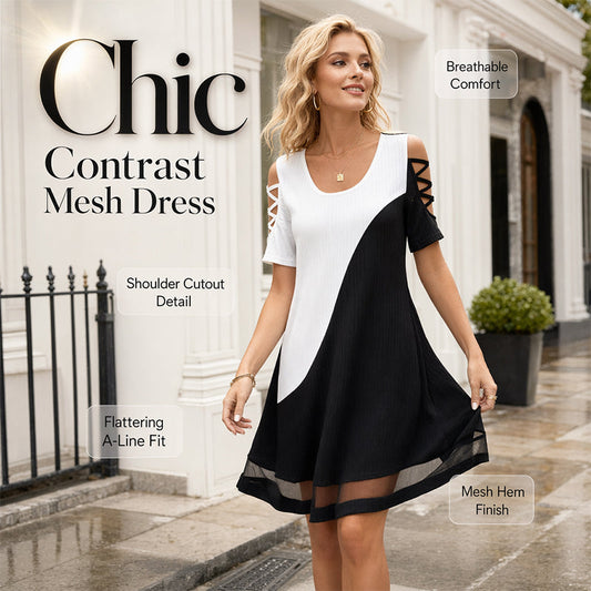 Rochie midi cu guler rotund, în blocuri de culoare, cu tiv din plasă pentru femei