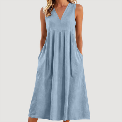 👗 Rochie midi casual pentru femei, cu decolteu în V și fără mâneci