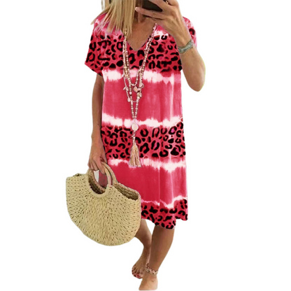 👗 Rochie casual pentru femei, cu imprimeu tie-dye și leopard, decolteu în V