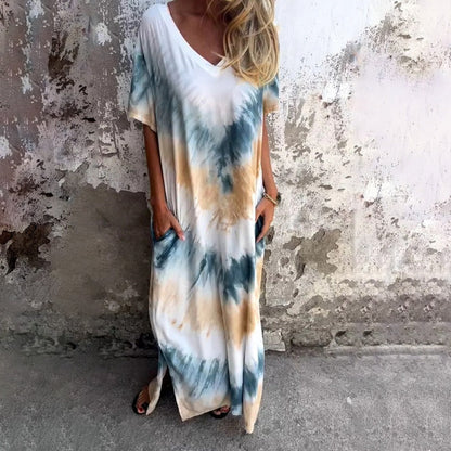 👗 Rochie lungă casual, lejeră, cu imprimeu și decolteu în V