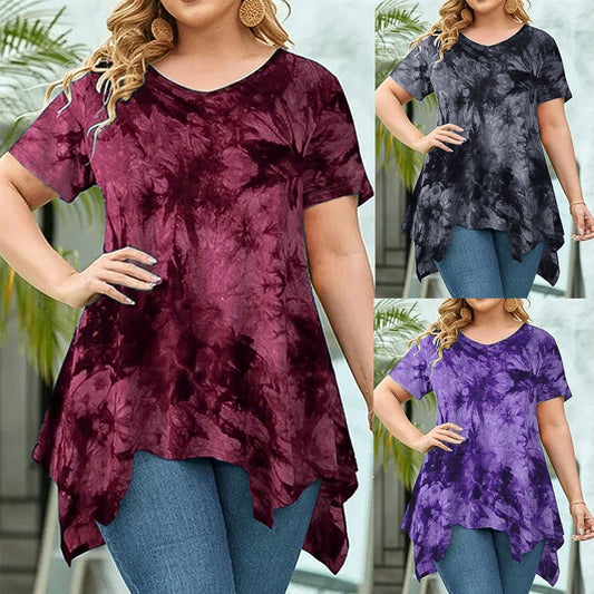 ✨ Bluză damă tie-dye cu decolteu în V, croială neregulată, mânecă scurtă, lejeră