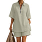 Women Casual Two Piece Set Short Sleeve Half Zip Top and Shorts