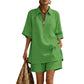 Women Casual Two Piece Set Short Sleeve Half Zip Top and Shorts