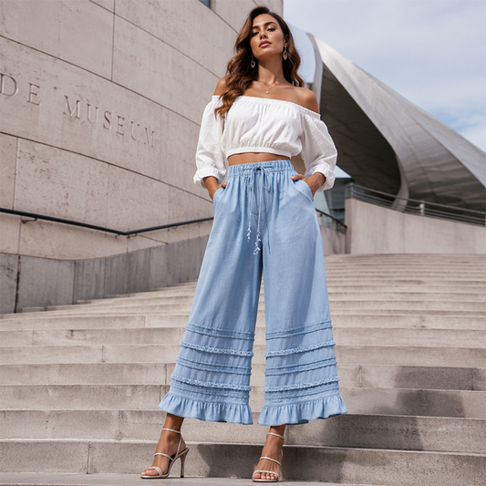 👖 Pantaloni largi din denim Tencel cu tiv volănat pentru femei