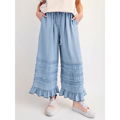 👖 Pantaloni largi din denim Tencel cu tiv volănat pentru femei